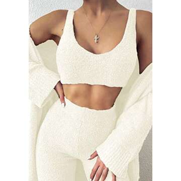 HAPCOPE Women's Fuzzy 3 Pcs Sweatsuit Open Front Cardigan Crop Tank Tops Wide Legs Pants Lounge Sets White L