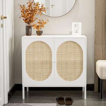 AOVSA Accent Storage Cabinet with Rattan Doors, Kitchen Sideboard Buffet Cabinet with Metal Legs, Kitchen Cupboard Server for Living Room, Hallway, Entryway(White)