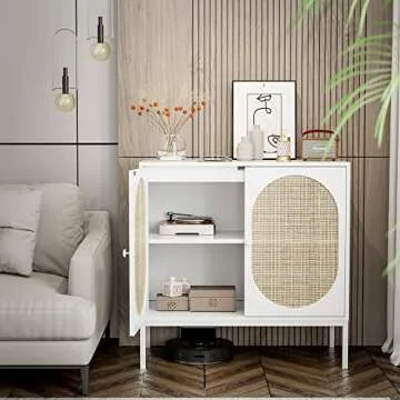 AOVSA Accent Storage Cabinet with Rattan Doors, Kitchen Sideboard Buffet Cabinet with Metal Legs, Kitchen Cupboard Server for Living Room, Hallway, Entryway(White)