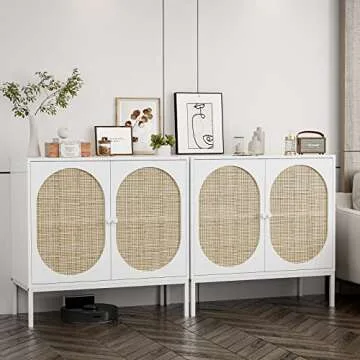 AOVSA Accent Storage Cabinet with Rattan Doors, Kitchen Sideboard Buffet Cabinet with Metal Legs, Kitchen Cupboard Server for Living Room, Hallway, Entryway(White)