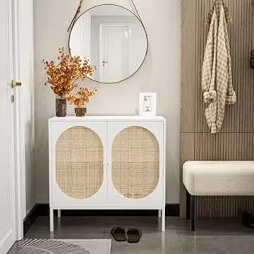 AOVSA Accent Storage Cabinet with Rattan Doors, Kitchen Sideboard Buffet Cabinet with Metal Legs, Kitchen Cupboard Server for Living Room, Hallway, Entryway(White)