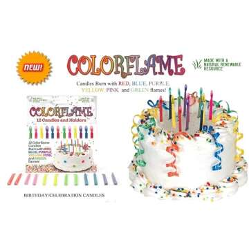 Amazing Colorflame Multicolor Happy Birthday Candles and Holders (12 Count),Unscented