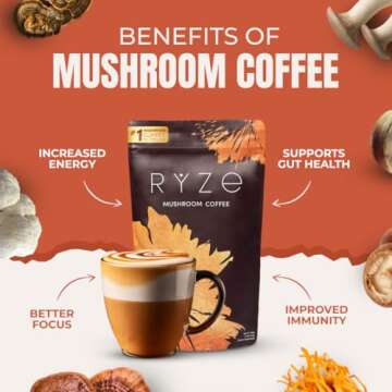 RYZE Mushroom Coffee | 6 Adaptogenic Mushrooms | Instant Coffee | Better Energy, Focus, Digestion, Immunity | Organic USA Grown | Cordyceps, Lion’s Mane, Shiitake, Reishi, Turkey Tail, King Trumpet