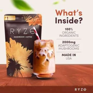 RYZE Mushroom Coffee | 6 Adaptogenic Mushrooms | Instant Coffee | Better Energy, Focus, Digestion, Immunity | Organic USA Grown | Cordyceps, Lion’s Mane, Shiitake, Reishi, Turkey Tail, King Trumpet