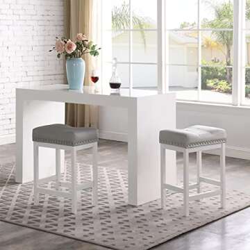 OUllUO Gray White Bar Stools Set of 2, Counter Height Bar Stools, Saddle Barstools, Pu Leather Stools with Metal Frame for Kitchen Island, 918P-NG