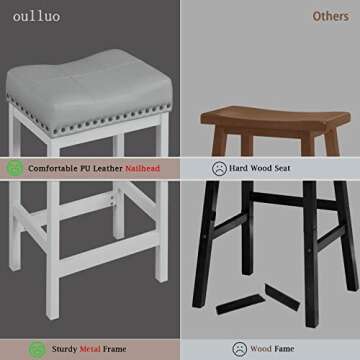 OUllUO Gray White Bar Stools Set of 2, Counter Height Bar Stools, Saddle Barstools, Pu Leather Stools with Metal Frame for Kitchen Island, 918P-NG