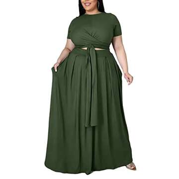 Ophestin Womens Plus Size 2 Piece Dress Outfits Solid Color Crop Top Maxi Skirts Set
