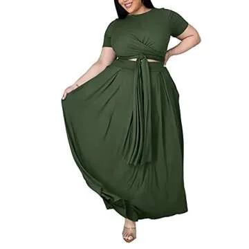 Ophestin Womens Plus Size 2 Piece Dress Outfits Solid Color Crop Top Maxi Skirts Set