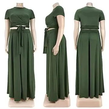 Ophestin Womens Plus Size 2 Piece Dress Outfits Solid Color Crop Top Maxi Skirts Set