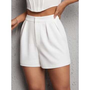 Milumia Women's Casual Solid Pleated Stitch High Waisted Wide Leg Loose Shorts White Petite-M