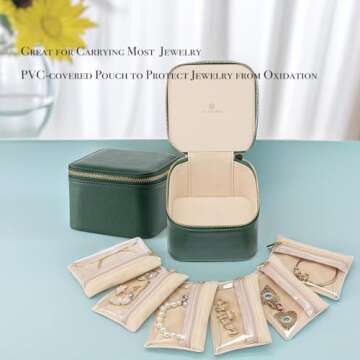 Vlando Small Travel Jewelry Box Organizer -6 Small Carry-on Zipped Pouches for Jewelries Necklaces Rings Earrings Necklace Sorting Storage, Dark Green