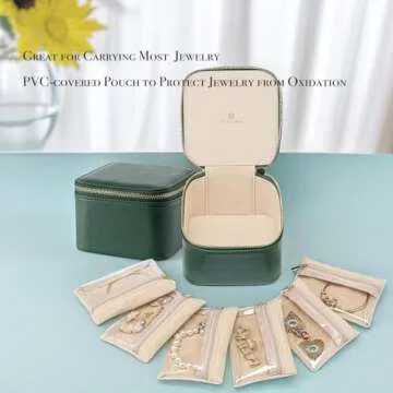 Vlando Small Travel Jewelry Box Organizer -6 Small Carry-on Zipped Pouches for Jewelries Necklaces Rings Earrings Necklace Sorting Storage, Dark Green