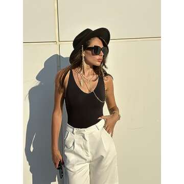 SUUKSESS Women 2 Piece Thong Bodysuit Sexy V Neck Backless Sleeveless Tank Tops Body Suits (Black & Nude, M)