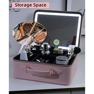 FASCINATE Makeup Case with Lighted Mirror 3 Color Setting, Travel Cosmetic Makeup Bag Organizer with Adjustable Dividers for Women, Portable Luxury Vegan Leather Train Case - Pink