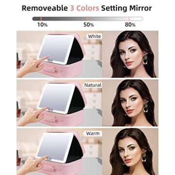 FASCINATE Makeup Case with Lighted Mirror 3 Color Setting, Travel Cosmetic Makeup Bag Organizer with Adjustable Dividers for Women, Portable Luxury Vegan Leather Train Case - Pink
