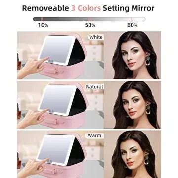 FASCINATE Makeup Case with Lighted Mirror 3 Color Setting, Travel Cosmetic Makeup Bag Organizer with Adjustable Dividers for Women, Portable Luxury Vegan Leather Train Case - Pink