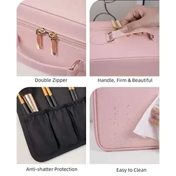 FASCINATE Makeup Case with Lighted Mirror 3 Color Setting, Travel Cosmetic Makeup Bag Organizer with Adjustable Dividers for Women, Portable Luxury Vegan Leather Train Case - Pink