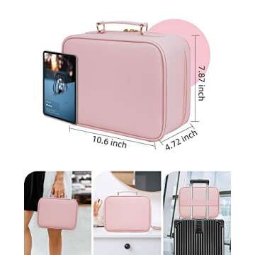 FASCINATE Makeup Case with Lighted Mirror 3 Color Setting, Travel Cosmetic Makeup Bag Organizer with Adjustable Dividers for Women, Portable Luxury Vegan Leather Train Case - Pink