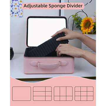 FASCINATE Makeup Case with Lighted Mirror 3 Color Setting, Travel Cosmetic Makeup Bag Organizer with Adjustable Dividers for Women, Portable Luxury Vegan Leather Train Case - Pink