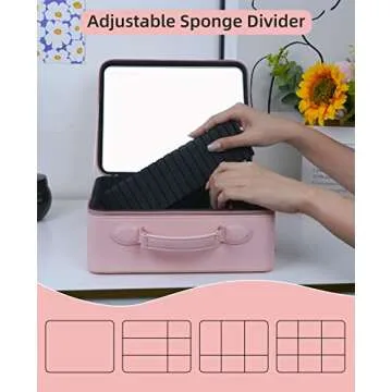 FASCINATE Makeup Case with Lighted Mirror 3 Color Setting, Travel Cosmetic Makeup Bag Organizer with Adjustable Dividers for Women, Portable Luxury Vegan Leather Train Case - Pink