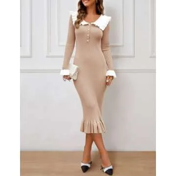 ZESICA Women's Long Sleeve Sweater Dress 2025 Spring Lapel Collar Button Elegant Casual Midi Bodycon...