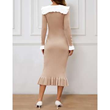 ZESICA Women's Long Sleeve Sweater Dress 2025 Spring Lapel Collar Button Elegant Casual Midi Bodycon Dresses,Khaki,Large