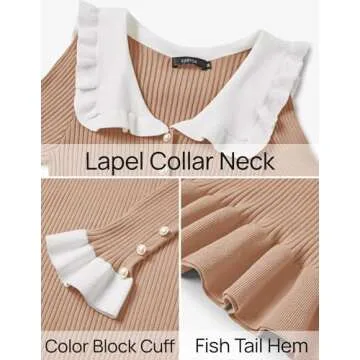 ZESICA Women's Long Sleeve Sweater Dress 2025 Spring Lapel Collar Button Elegant Casual Midi Bodycon Dresses,Khaki,Large