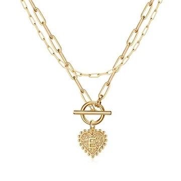 Paperclip Toggle Necklaces for Women, 14K Gold Plated Dainty Heart Initial E Letter Pendant Choker N...