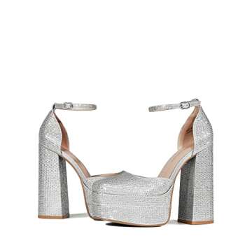 DREAM PAIRS Women’s High Chunky Platform Closed Toe Block Heels Square Toe Ankle Strap Dress Wedding Party Pumps Shoes Aurelia,Size 7,Silver-Rhinestone,SDPU2319W-1