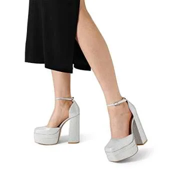 DREAM PAIRS Women’s High Chunky Platform Closed Toe Block Heels Square Toe Ankle Strap Dress Wedding Party Pumps Shoes Aurelia,Size 7,Silver-Rhinestone,SDPU2319W-1