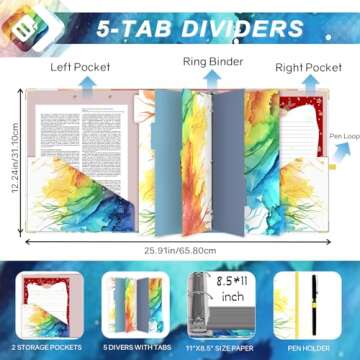 EYROZILL 3 Ring Binder 2 Inch with clipboard for Letter-Size 11" x 8.5" Three Ring Binder with 5-Tab Dividers and File Folder Labels for School Class Office Supplies, Rainbow