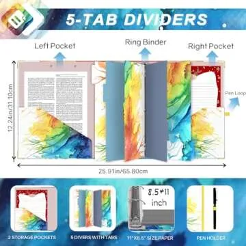 EYROZILL 3 Ring Binder 2 Inch with clipboard for Letter-Size 11" x 8.5" Three Ring Binder with 5-Tab Dividers and File Folder Labels for School Class Office Supplies, Rainbow