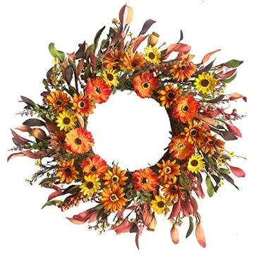 J'FLORU 20 Inch Artificial Fall Wreath with Colorful Daisies for Thanksgiving Decor