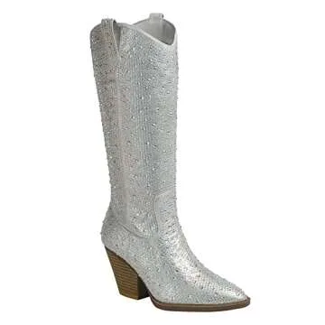 ABSOLEX Women Western Cowgirl Cowboy Pointed Toe Rhinestone Knee High Boots, Silver, 8.5