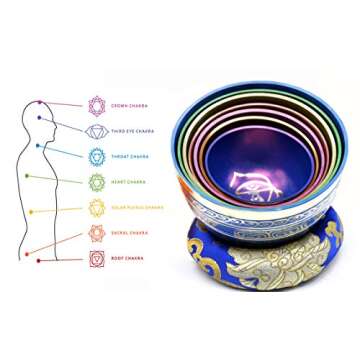 Chakra Healing Tibetan Singing Bowl Set~ Seven Chakra Color with Symbols ~Sizes from 2.5" to 5” for Meditation,Sound Healing, Sound Therapy & Mindfulness ~ Mallets, Cushions & Carrying Case included