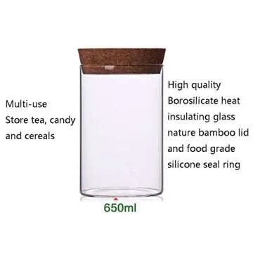 Newerlives Air Tight Storage Jar, Glass Storage Tank with a Natural Bamboo Lid, 450 ML, 650 ML, 950 ML (Cork, 650ML)