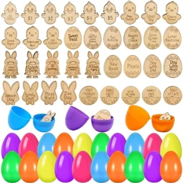 36 Set Easter Basket Egg Tokens with Unfilled Easter Eggs for Egg Hunt, Include 36 PCS Easter Tokens with Engraved Sayings and 36 PCS Fillable Easter Eggs for Easter Egg Hunt Prize Games Party favor