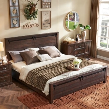 IFGET Farmhouse Queen Size Bed Frame with 47" Headboard, Wood Bed Frame with Groove Sliding Barn Doo...