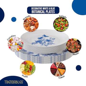 Trendables 40 Piece Disposable Plates Set (20 Guests) I 20 Pcs Of 8 Inch Dessert Plates & 20 Pcs Of 10 Inch Disposable Plastic Wedding Party Plates | White & Blue Floral Design