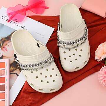 Juinte 4 Pieces Shoe Charms Chain Metal Shoe Chain Clog Sandals Shoe Chain Accessories Decorations for Adult Women Shoes Present(Silver)