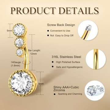 FIASASO 9 Pcs Gold Belly Button Ring Surgical Stainless Steel Belly Rings CZ Opal Pearl Belly Button...