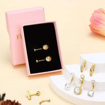FIASASO 9 Pcs Gold Belly Button Ring Surgical Stainless Steel Belly Rings CZ Opal Pearl Belly Button Ring Clicker Belly Piercings for Women Navel Piercings Pack Silver/Gold