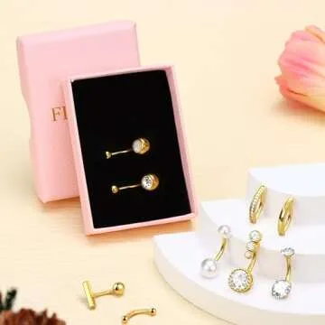 FIASASO 9 Pcs Gold Belly Button Ring Surgical Stainless Steel Belly Rings CZ Opal Pearl Belly Button Ring Clicker Belly Piercings for Women Navel Piercings Pack Silver/Gold