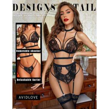 Avidlove Lace Garter Lingerie Set with Removable Choker Teddy Babydoll Strappy Bra and Panty Set (No Stockings)