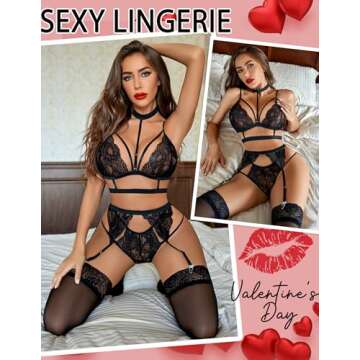 Avidlove Lace Garter Lingerie Set with Removable Choker Teddy Babydoll Strappy Bra and Panty Set (No Stockings)