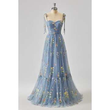 Qgeno Long Tulle Prom Dresses Floral Embroidery Puffy Fairy Dress Blue Sweetheart A Line Formal Even...