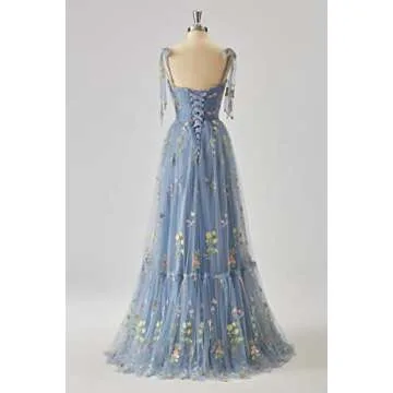 Qgeno Long Tulle Prom Dresses Floral Embroidery Puffy Fairy Dress Blue Sweetheart A Line Formal Evening Party Gowns for Women US6