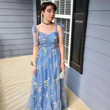 Qgeno Long Tulle Prom Dresses Floral Embroidery Puffy Fairy Dress Blue Sweetheart A Line Formal Evening Party Gowns for Women US6