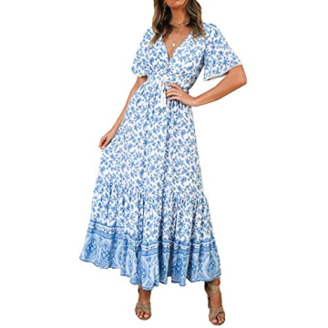 R.Vivimos Womens Summer Cotton Short Sleeve V Neck Floral Print Casual Bohemian Midi Dresses (Small,...