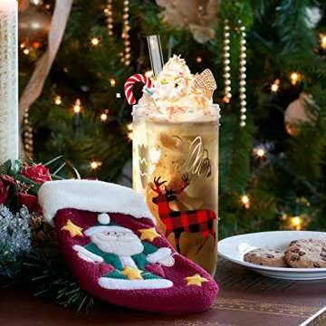 ANOTION Christmas Cups, Colored Christmas Mugs Unique Teachers Gifts White Elephant Gifts for Adults Mason Jars Glass Cups with Lid and Straw Tumbler Drinking Glasses Coffee Cups Gifts for Women